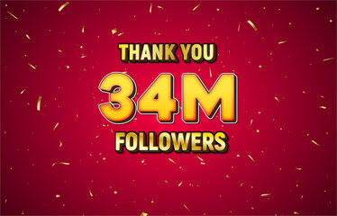 Wall Mural - Golden 34M isolated on red background with golden confetti, Thank you followers peoples, 34M online social group, 35M 
