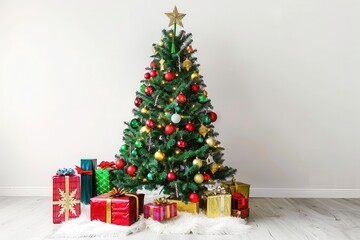 festive christmas tree with colorful gifts and ornaments