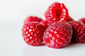 Wall Mural - fresh ripe red raspberries on white background healthy fruit still life photo