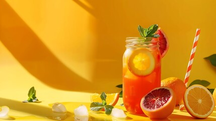 Poster - Freshly squeezed blood orange juice with ice mint and a slice of fruit in a jar on a yellow background with citrus fruits and shadow Healthy vitamin drink concept : Generative AI