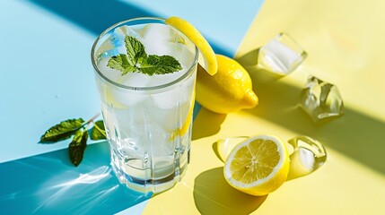Poster - A  cold lemonade in a glass with lemon mint and ice on a yellow and blue background with shadow The concept of a refreshing and healthy drink : Generative AI