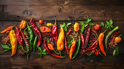 Poster - A close-up shot of a variety of fresh and dried chili peppers arranged on a rustic wooden surface. The peppers are of different colors and sizes, creating a vibrant and spicy display. Generative AI