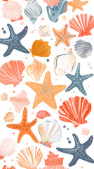 Wall Mural - Pattern with colorful starfish, seashells, coral and seaweed on white background