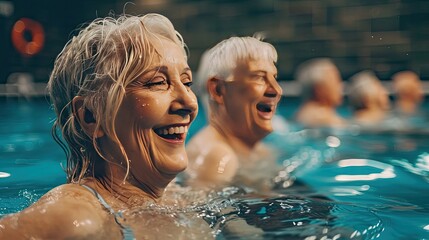 Canvas Print - Happy senior men and women with silver hair doing sports indoors in the swimming pool