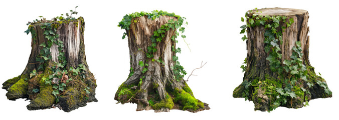 Poster - large tree stump collection with moss and plants growing on isolated on transparent or white background