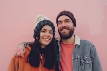 Wall Mural - Portrait of a content couple in their 20s sporting a trendy beanie while standing against solid pastel color wall