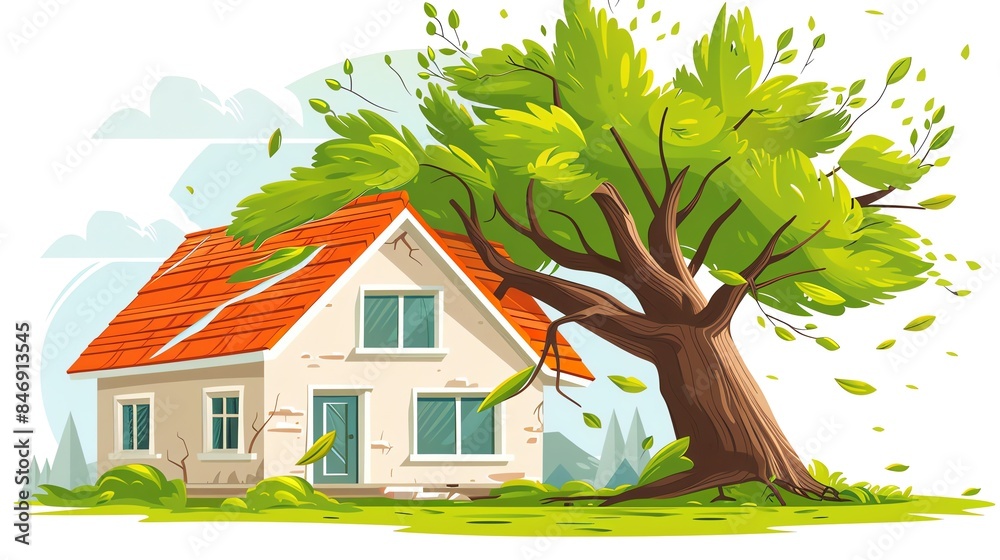 Cartoon illustration of a house damaged by a fallen tree. Stock ...