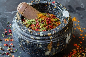 Poster - A close-up image of a marble mortar and pestle filled with a colorful blend of spices, including cinnamon, cloves, cardamom, and coriander. Generative AI
