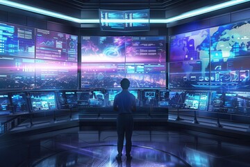Wall Mural - futuristic virtual news studio with holographic displays and ai technology concept illustration