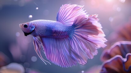Stunning and realistic all-purple fighting fish. The fish is in a graceful pose. Its delicate fins and tail flare out beautifully. Revealing intricate details and fluid movement.