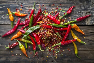 Poster - A collection of fresh and dried chili peppers of various colors and sizes are spread out on a rustic wooden surface. Generative AI
