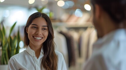 Poster - A woman is smiling at a man in a white shirt