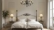 © visoot - A spacious and bright bedroom, two single beds, simple metal headboard, delicate lights, In the middle of the bed is an elegant chandelier with three black iron lamps hanging from it. Generative AI.
