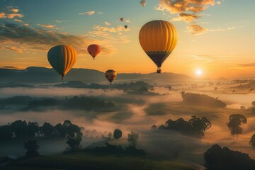 Wall Mural - hot air balloons flying over scenic landscape at sunrise adventure concept