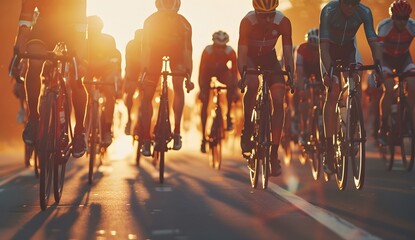 Pro cyclists riding on a road race, front view. Diversity in sport as people team race bikes and sports equipment during an outdoor activity at sunrise