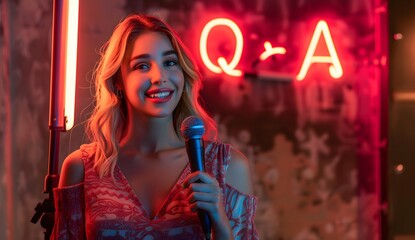 Portrait of a beautiful smiling blonde woman holding a microphone and a red neon light sign with 