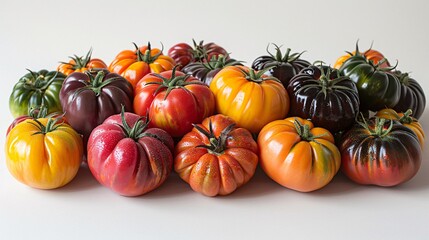 Studio shot of a group of colorful heirloom tomatoes on a white background, arranged in a visually appealing pattern to emphasize the freshness and organic nature of the produce