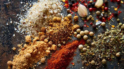 Poster - A close-up image of a variety of grilling spices laid out on a kitchen surface, including black pepper, garlic powder, paprika, and dried herbs. Generative AI