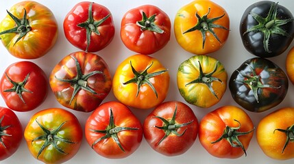 Studio shot of a group of colorful heirloom tomatoes on a white background, arranged in a visually appealing pattern to emphasize the freshness and organic nature of the produce