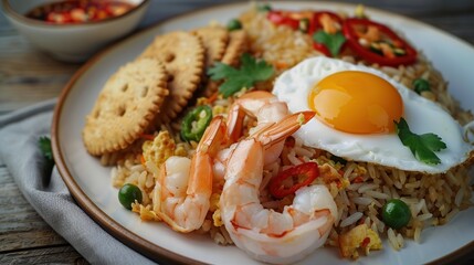 Wall Mural - Nasi goreng Indonesian fried rice with fried egg, chili, shrimp, kerupuk crackers . Generative Ai