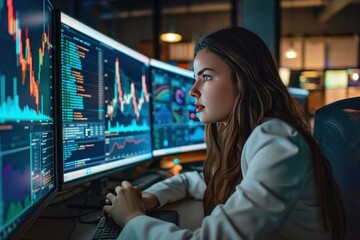 Poster - Concentrated young female analyst studies complex stock market trends across computer monitors at night