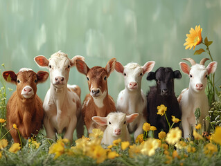 Wall Mural - Adorable Group of Baby Goats in a Field of Yellow Flowers with Green Background, Perfect for Spring and Nature Themes, Capturing the Innocence and Charm of Young Farm Animals in a Serene Setting