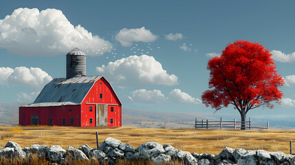 Poster - Rustic Red Barn in Countryside with Vibrant Red Tree and Stone Fence Under a Blue Sky with White Clouds