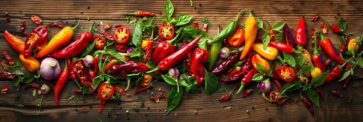 Poster - A diverse collection of fresh and dried chili peppers, showcasing a range of colors and textures, spread across a rustic wooden surface. Generative AI