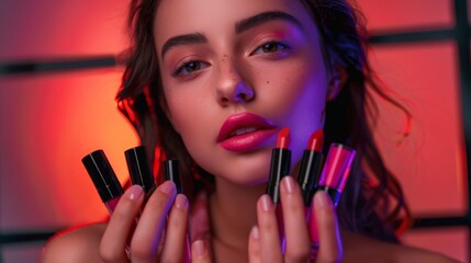 Poster - A woman with dark hair holds up a variety of lipstick samples in front of her face. The background is a vibrant red and purple, creating a striking contrast.