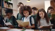 © jojo - Group of school children reading books and learning Inside the classroom generate ai