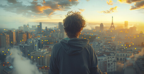 Aufkleber - A man with medium long brown hair that is slightly curly and wavy, observing the city of a futuristic. Generative AI.
