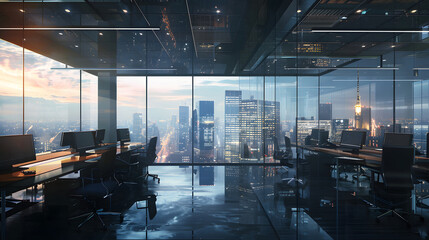 Wall Mural - An office in a high-rise building overlooking a skyscraper view.