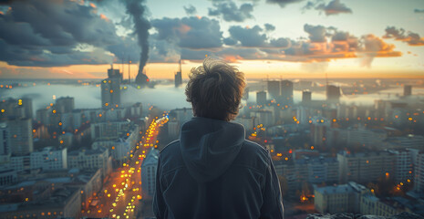 Aufkleber - A man with medium long brown hair that is slightly curly and wavy, observing the city of a futuristic. Generative AI.