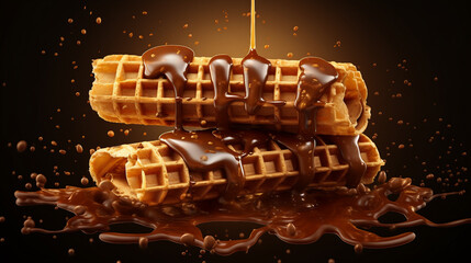 Wall Mural - Sweet Indulgence - Chocolate Filled Wafer Roll and Waffle Sticks with Chocolate Splash 3D Rendering. Irresistible Treats Stock Illustration.