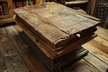 Poster - Vintage, worn book rests upon a wooden table, surrounded by a collection of old tomes