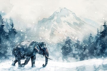 Wall Mural - majestic elephant striding through snowy winter landscape minimalist watercolor banner