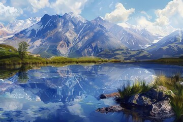 Wall Mural - majestic mountain landscape with serene lake reflecting peaks peaceful nature digital painting