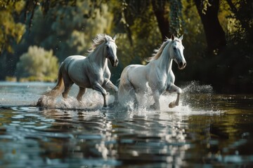 Wall Mural - majestic white arabian horses running through serene lake elegant equine photography