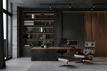 black minimalist office bookshelf The walls are wood and dark gray concrete.