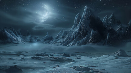 Wall Mural - A frozen wasteland across the icy mountains, night time, dark fantasy. Generative AI.