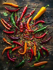 Poster - A vibrant mix of fresh and dried chili peppers of various colors and types, scattered on a rustic wooden surface. Generative AI