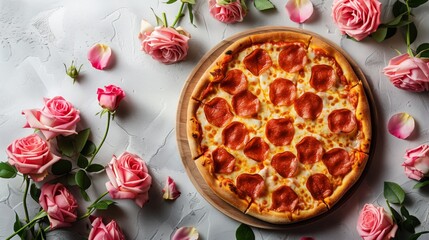 Wall Mural - A close-up shot of a pepperoni pizza with pink roses scattered around it