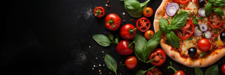 A freshly baked pizza topped with tomatoes, onions, and basil sits on a black background surrounded by fresh ingredients