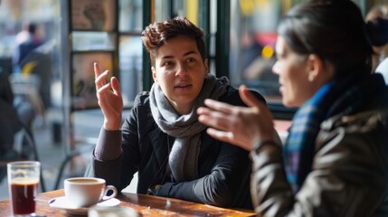 Wall Mural - A person with a hearing impairment using sign language to communicate with a friend over coffee.