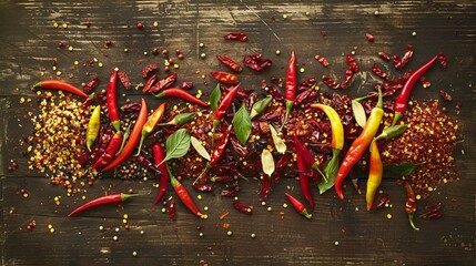 Wall Mural - A mix of fresh and dried chili peppers are scattered on a rustic wooden surface, showcasing a variety of colors and sizes. Generative AI