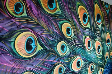 Wall Mural - A wall texture with the pattern of a peacock's feather, vibrant and detailed