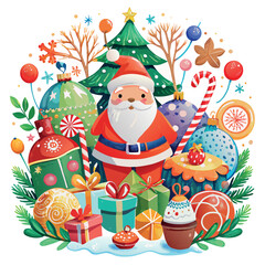 Poster - A colorful Christmas scene with a Santa Claus standing in the middle. The scene is filled with various decorations, including a Christmas tree, candy canes, and other ornaments