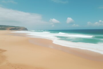 Wall Mural - Aerial view of serene ocean meeting sandy beach with expansive golden shoreline   perfect copy space