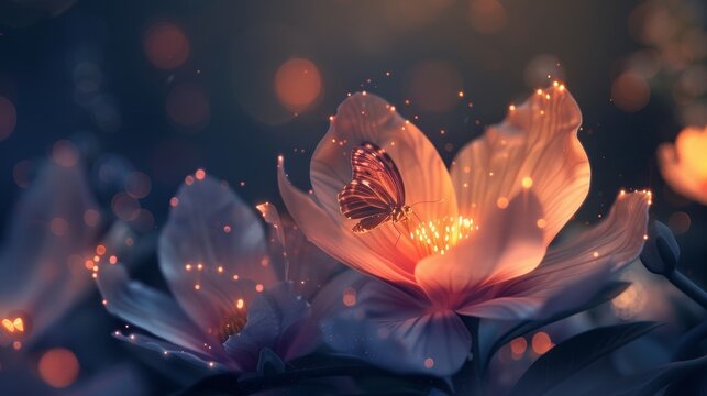 Enchanting 3d rendered macro capture of kadupul flower and butterfly in glowing detail