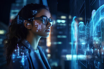 software, coding hologram and woman on tablet thinking of data analytics, digital technology and nig